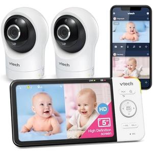 VTech RM5764-2HD 1080p Smart WiFi Remote Access 2 Camera BabyMonitor, 360° Pan & Tilt, 5" 720p HD Display, Night Vision, Soothing Sounds, 2-Way Talk, Temperature & Motion Detection, iOS & Android