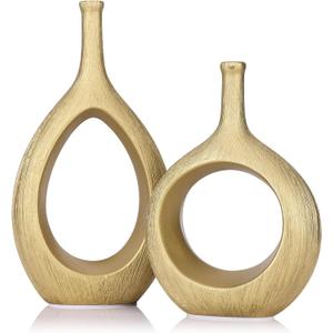 LCCCK Matte Gold Ceramic Vase Set of 2 - Ribbed Hollow Aesthetic Decorative Vase, Modern Farmhouse Table Centerpiece, Boho Gold Vases for Flower Decor and Home Living