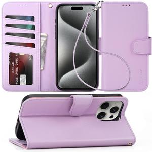 Arae Compatible with iPhone 15 Plus Case with Card Holder and Wrist Strap Wallet Flip Cover for iPhone 15 Plus 6.7 inch Women RFID Blocking Wristlet Kickstand, Litchi Lavander