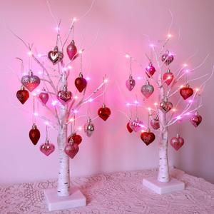 Valentines Day Lighted Birch Tree Decorations, 24 Inch Small Table Top Artificial LED Light Trees Decor with White Branches and Hanging Heart Shaped Ornaments, Timer USB & Battery Operated