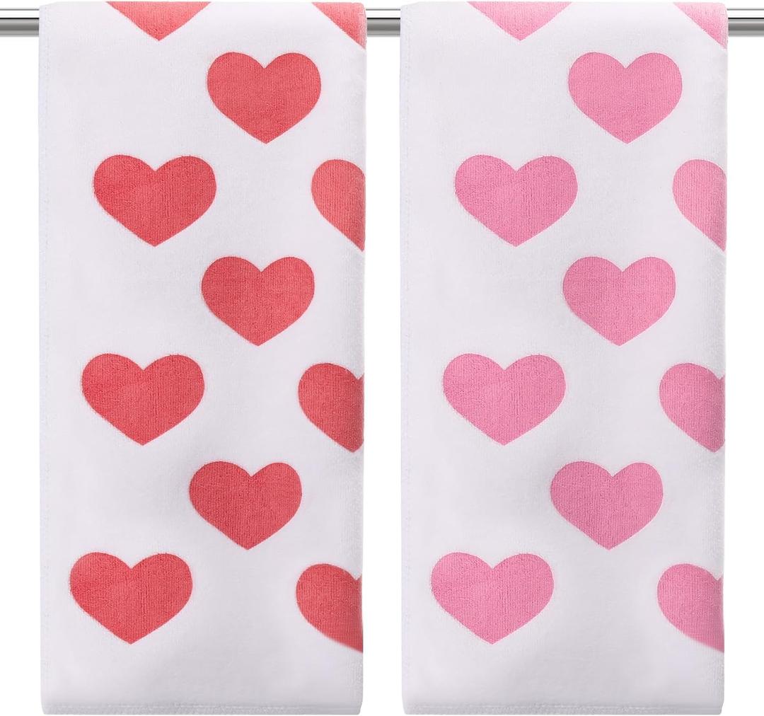 Frienda 2 Pcs Valentine's Day Hand Towel Color Changing Heat Activated Valentines Gift for Women Heart Pattern Microfiber Kitchen Towel Red to Pink with Hot Water (Red Heart)