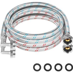 Stainless Steel Washing Machine Hoses With 90 Degree 8FT Elbow Universal Fit to All Hot and Cold Water Supply for Washing Machines (2 Pack) -5 Years Quality Assurance