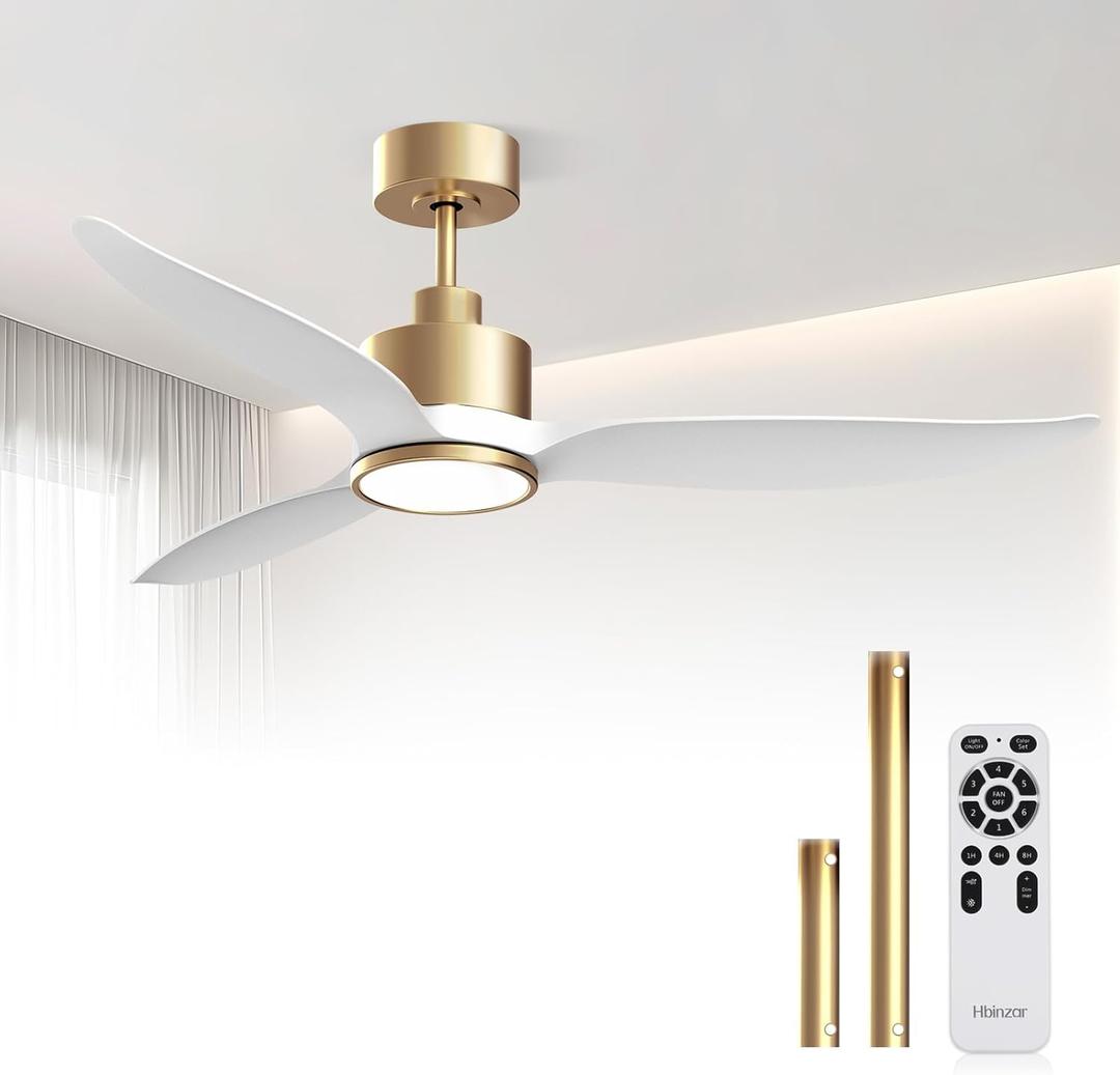 52 Inch White Gold Ceiling Fan with Light and Remote, Indoor Modern Ceiling Fan for Bedroom Living Room, High CFM Quiet DC Motor