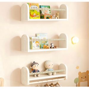 OurWarm Nursery Book Shelves for Wall Set of 3, White Natural Wood Nursery Floating Shelves with Towel Bar, Wall Mounted Floating Bookshelves for Baby Room Kids Room Living Room Storage and Decor