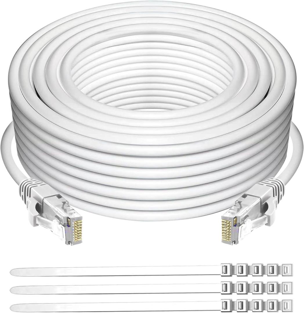 Adoreen Cat 6 Ethernet Cable 35 Ft-White, Outdoor & Indoor Snagless Long Round RJ45 Network Cable, POE, Soft Flexible Gbps Internet LAN Computer Patch Cord for Router Modem Switch Fast Gaming+ Ties