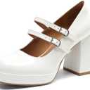 DREAM PAIRS Women's Platform Mary Jane High Chunky Closed Toe Heels Block Square Toe Double Strap Dress Pumps Fashion Party Y2K Shoes (7, White-pat)