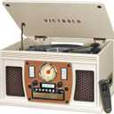 Victrola Navigator 8-in-1 Bluetooth Record Player with Built-in Speakers 3 Speed Turntable, CD Player, Cassette, FM Radio, USB, RCA Out, Headphone Jack, Wireless Music Streaming, Real Wood (White)