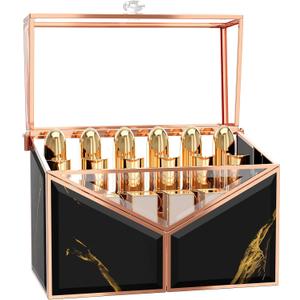 CoralHouse Lipstick Organizer - Black Glass Lipstick Holder & Nail Polish Organizer, 18-Slot Vanity Cosmetic Organizer with Removable Dividers,