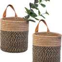 2pack Small Hanging Baskets-Cotton Rope Wall Basket with Handle, Hanging Storage Basket, Shelf Baskets Storage Bin Closet Organizer - 6.3" x 7", Woven Plant Basket (Jute-black)