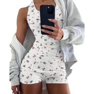 CHICME Womens Pajama Sets Casual Sleeveless Tank Top and Shorts Ribbed Knit 2 Piece Lounge Set (Small, Z-floral White)