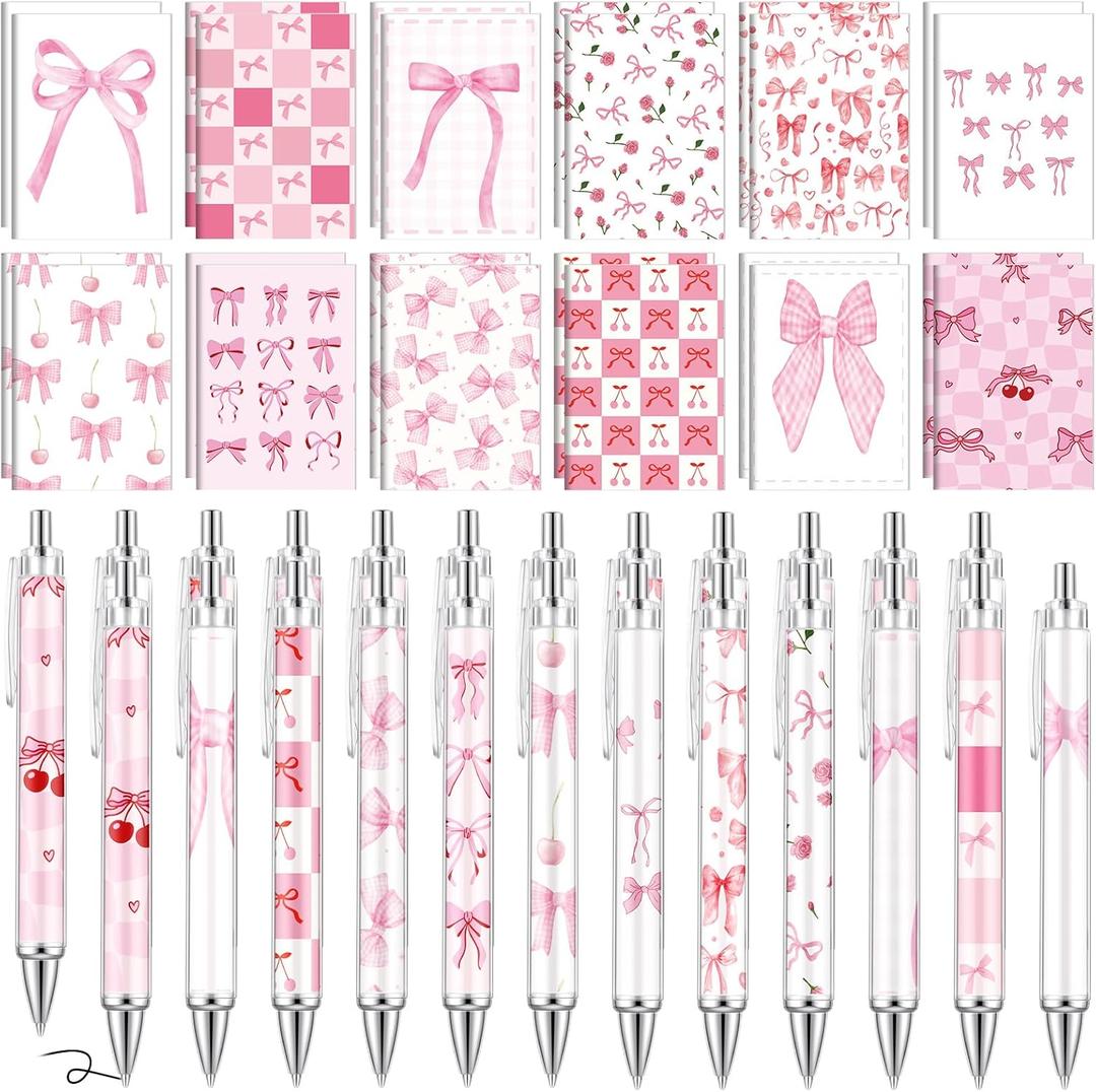 Eaasty 48 Pcs Mini Pink Bow Notebooks and Pens Set 24 Small Coquette Notepads and 24 Ballpoint Pens Preppy Bow Journal Bulk for Women Travel Office Supplies 4.7 x 3.3 Inches