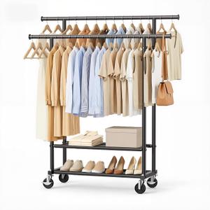 Clothes Rack, Double Rods Rolling Clothing Rack for Hanging Clothes Closet Rack with Wheels, Metal Portable Garment Rack with Double Shelves for Bedroom Laundry Living Room, Black