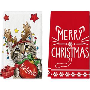 Artoid Mode Red Cat Merry Christmas Kitchen Towels Dish Towels, 18x26 Inch Star Xmas Ball Believe Daily Winter Decoration Hand Towels Set of 2