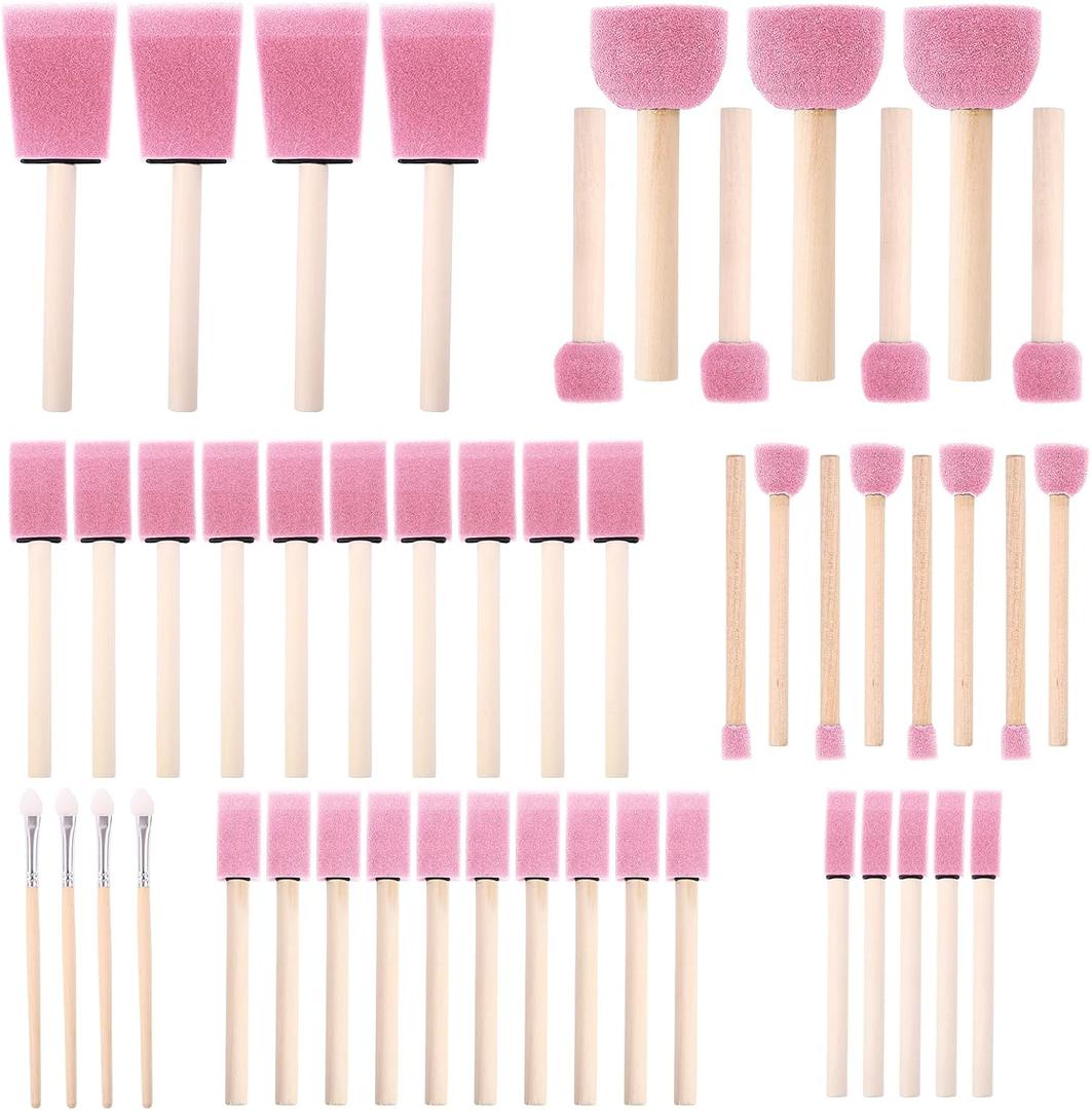Foam Paint Brushes (48 Pack) 10 Sizes - Paint Sponge - Premium Foam Brushes - Lightweight & Durable - Sponge Paint Brush Assortment Ideal for Painting, Crafting, Acrylics, Stains, Varnishes (Pink)