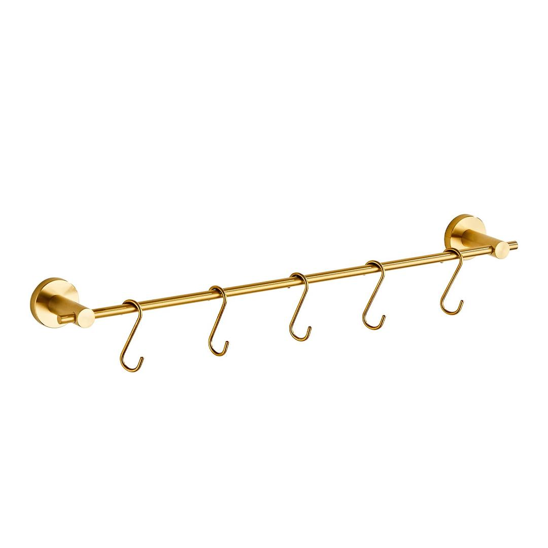 22 Inch Kitchen Utensil Hanger with 5 Hooks, Stainless Steel Wall Mounted Rail Rack for Bathroom, Bedroom (Brushed Gold)