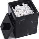 JUNGFORD Qtip Holder for Bathroom with Lid  Square Cotton Swab Organizer, Cotton Ball Dispenser, Makeup Pad Container  Marble Look Resin Vanity Storage (Black)