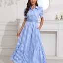 utcoco Womens Striped Button Down Shirt Dress Casual Puff Short Sleeve Ruffle Hem Maxi Dresses with Belt (XX-Large, Blue) 