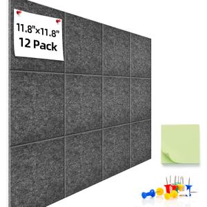 Large Cork Board for Walls - 12 Pack Black Felt Wall Tiles with Safe Removable Adhesive Tabs for Office Pin Board, Tack Board, 47"x35", Includes Push Pins & Sticky Tabs (Gray)
