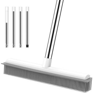 Nacena Rubber Broom, 2 in 1 Pet Hair Removal Broom with Squeegee 51-in Adjustable Long Handle Carpet Broom for Cleaning Carpet Hardwood Floor Tile Window, Grey & White