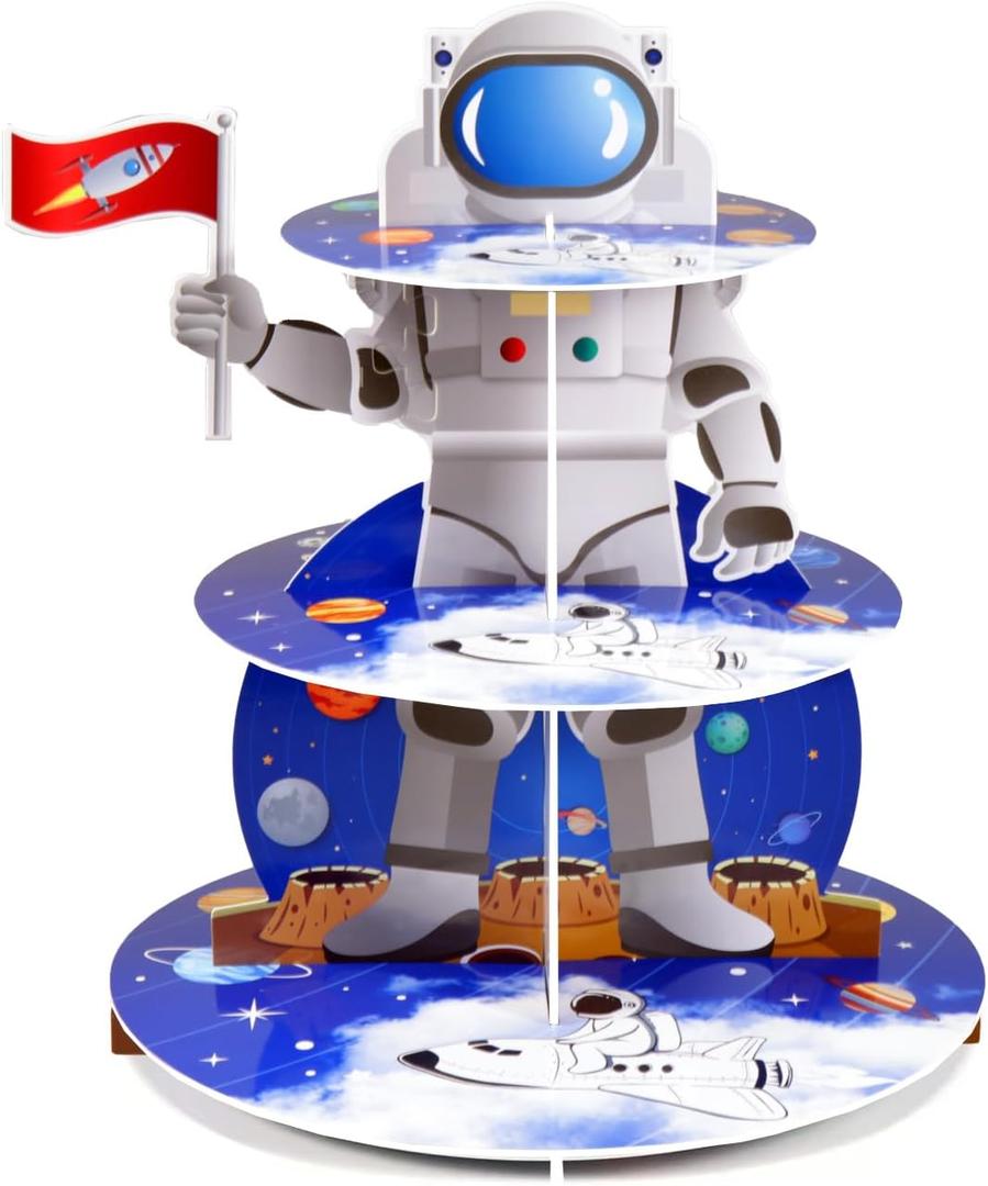 Space Astronaut Cupcake Stand Space Themed Birthday Party Decorations 3-Tier Cardboard Cupcake Holder stand Galaxy Style Dessert Tower Display for Party Supplies