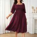 SCOMCHIC Women's Plus Size Maxi Dress Short Sleeve Square Neck Hollow Out Smocked Flowy A-Line Boho Wedding Guest Dresses (XXXL)