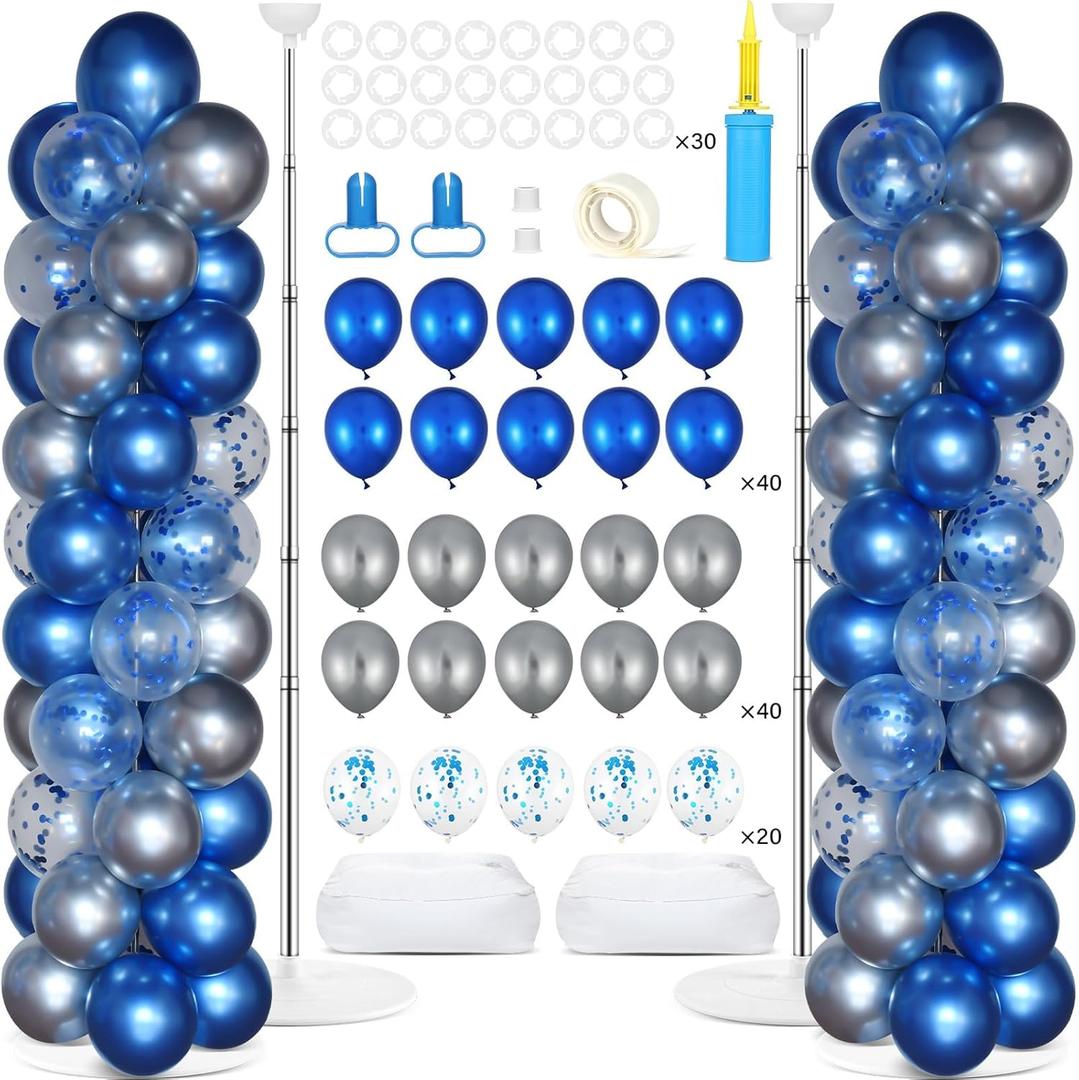 2 Sets Navy Blue and Silver Balloon Column Stand Kit with 100 Balloons Adjustable Balloon Tower Stand with Bases for Floor Confetti Balloon Column Kit for Graduation Birthday Appreciation Party Decor