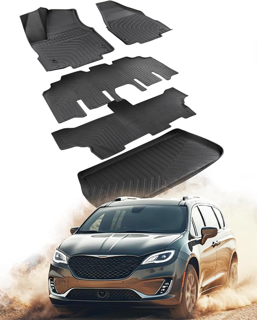 Floor Mats for Chrysler Pacifica & for Voyager 2017-2025 2026 7/8 Seats (Gas Only) Car Accessories with Cargo Liner Trunk, TPE Rubber Weather Carpets for Chrysler 2024 2023 2022 2021 2019 2018