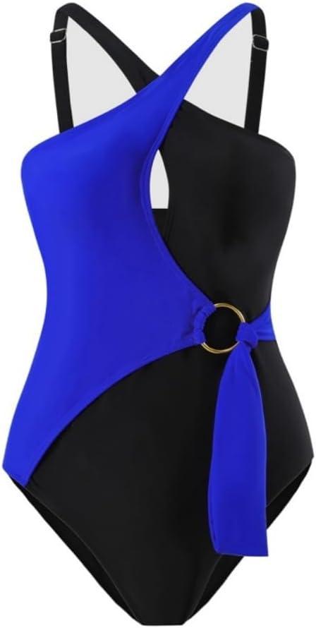 WeeH Women One Piece Swimsuit Color Block Bathing Suit Front Cross Swimwear Beach Bikini (Large-X-Large, Blue and Black)