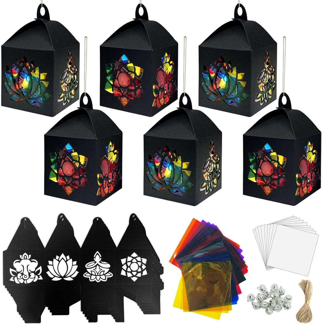 Cinrobiye 16 Sets Diwali Craft Kits DIY Happy Diwali Tissue Paper Lanterns Craft Bulk Festival of Lights Suncatcher for Deepawali Party Favors School Activities Hanging Ornament Decor Supplies