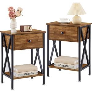 VECELO Nightstands Set of 2, Modern Bedside End Tables, Night Stands with Drawer and Storage Shelf for Living Room Bedroom, Industrial Metal Frame (Brown)