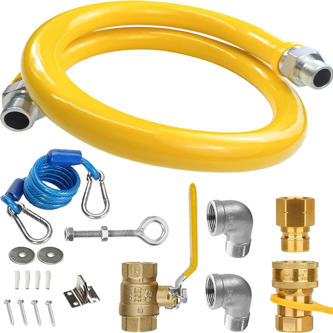 Safety System Kit, 3/4" ID Natural Gas Line Hose, 48" Commercial Kitchen Gas Hose, Mobile Gas Connector Hose Kit with 2 Elbow Fittings, 3/4 Flexible Gas Hose