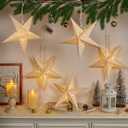 5PCS White Paper Star Lantern with Lights - 12 inch Hanging 3D Christmas Paper Star Lamp 5 Points Foldable Christmas Stars Light with Hollow Design for Home Xmas Wedding