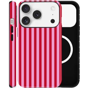 Magnetic Case for iPhone 17 Pro, Compatible with MagSafe, Aesthetic Striped Cute Design for Women, Hybrid 2-Layer Hard Shell Phone Cover, Hot Pink (Red)