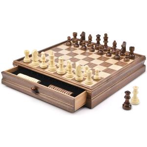 AMEROUS 15" x 15" Wooden Chess & Checkers Set with Built-in Storage Drawers/Weighted Chess Pieces / 2 Bonus Extra Queens / 24 Cherkers Pieces/Classic 2in1 Board Games for Kids, Adults