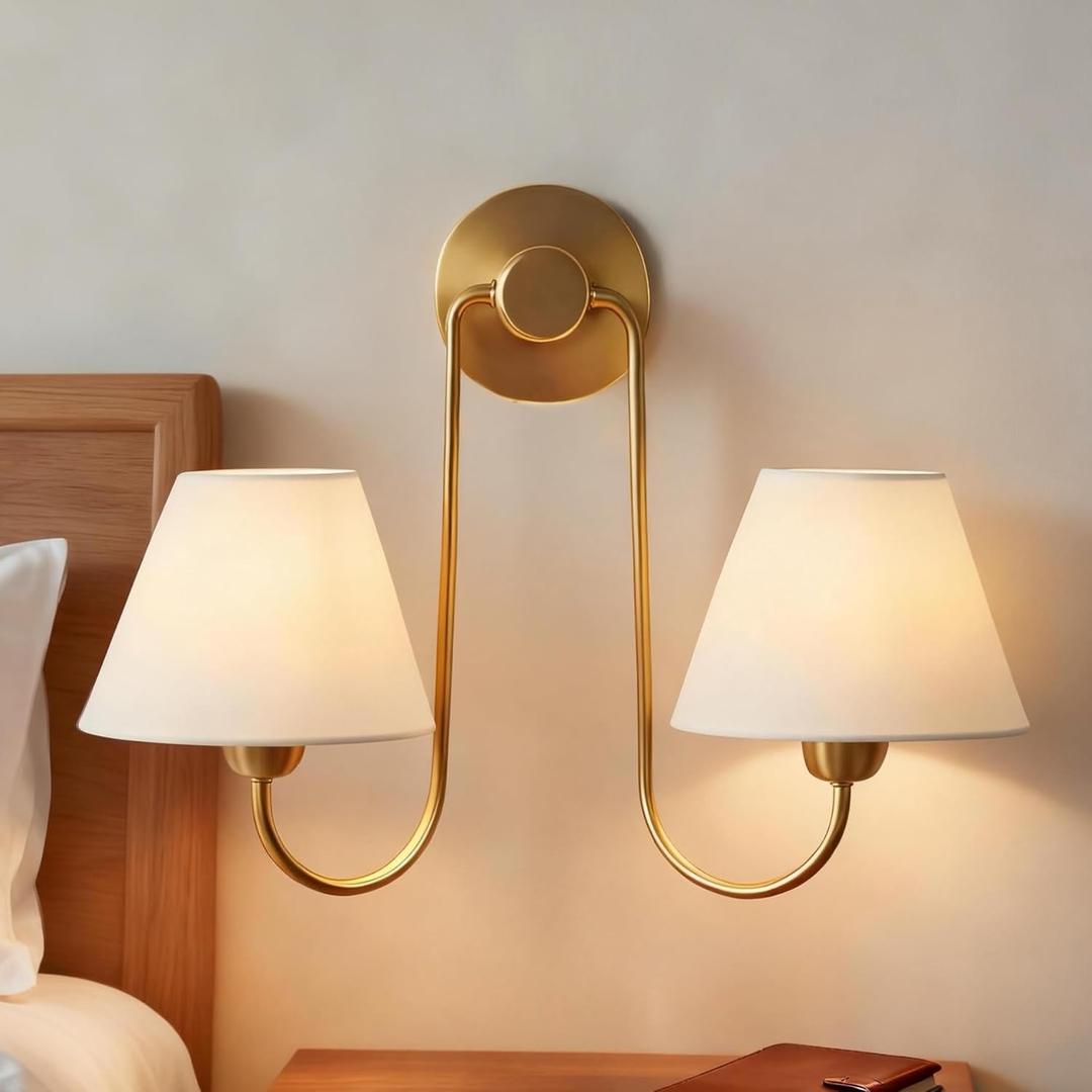 Modern Vanity Light Linen Shade Sconce, Double Swoop Sconce Wall Lights with White Shade Vintage Reading Lights Wall Sconces Linen Shade, Wall Light for Living Room Bedroom (Brass)