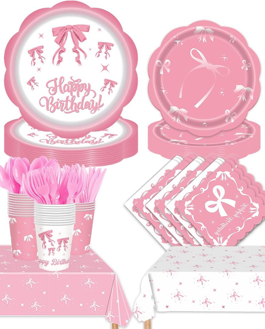194pcs Pink Bow Birthday Party Supplies for 24 Guests, Pink Bow Party Decorations Include Plates Napkins Cups Tablecloth Forks Spoons Knives, for Girl Bachelorette Decor Bridal Engagement Party
