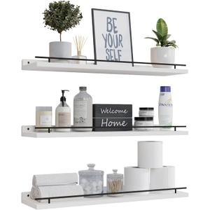 WOPITUES Floating Shelves 24 inch with Gold Metal Guardrail, Shelves for Wall Decor Set of 3, Wall Shelves for Bedroom, Bathroom, Kitchen, Living Room, Plants, Picture Frames, Art- Black and White