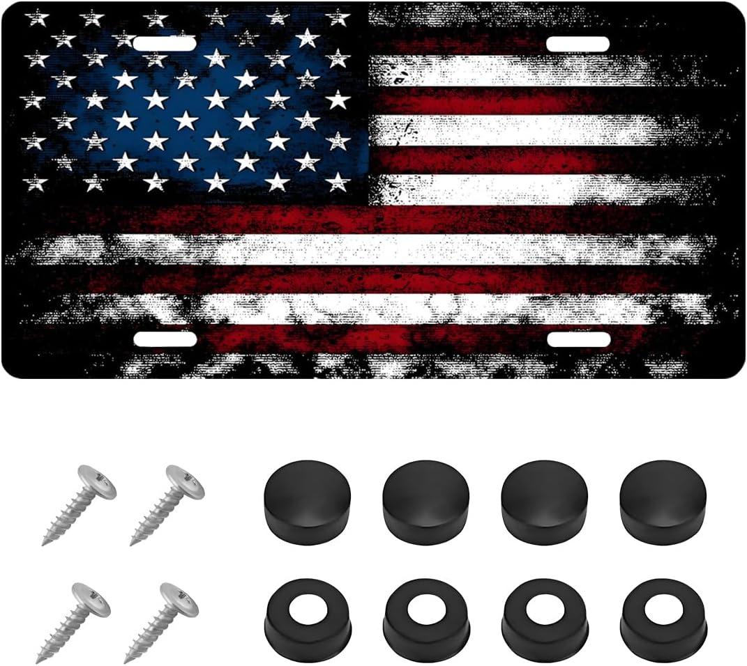 Vintage American Flag Front License Plate Frame, Personalise USA Flag Car Front License Plate Tag with 4 Screws, Aluminum Rust-Proof Patriotic US Flag Vanity Tag Auto Plate Decor (Black & Red)