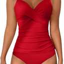 B2prity Women's Ruched Tankini Swimsuits V Neck Wrap Tie Back Two Pieces Bathing Suit Tummy Control Swimwear (S, Red)