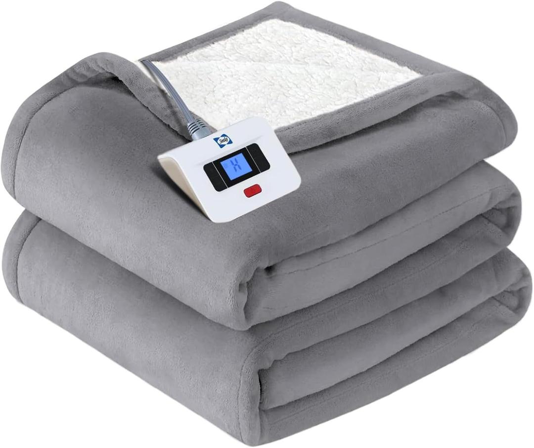 SEALY Electric Blanket Full Size, Heated Blanket Flannel & Sherpa with 10 Heating Levels & 1-12 Hours Auto Shut Off, Fast Heating Warming Blanket, Machine Washable, Light Grey, 80 x 84 Inch