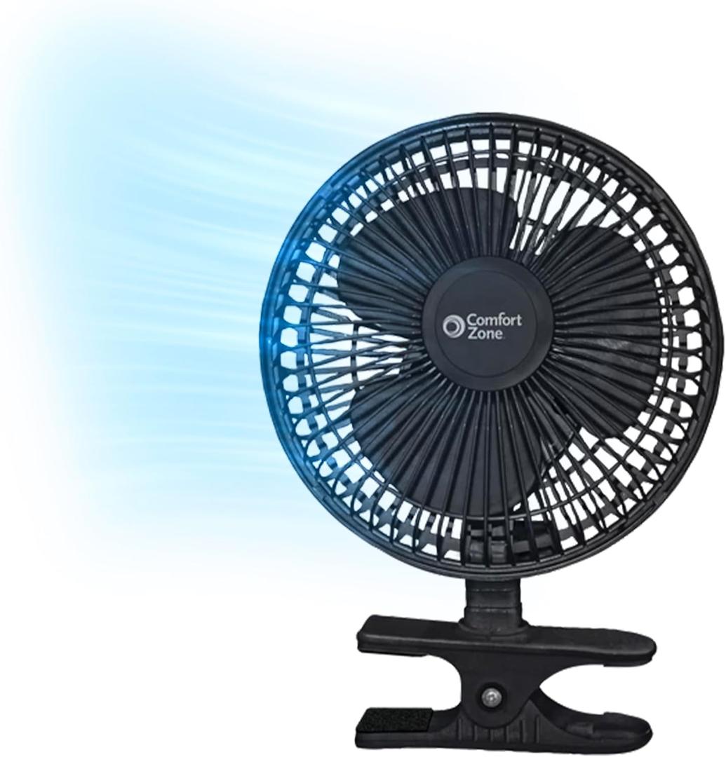 Comfort Zone Portable Clip on Stroller Fan, 6 inch with Fully Adjustable Tilt, Quiet 2 Speed Bedside Fan, Mini Desk Fan, Table Fan, Easily Clip on to Desk, Stroller or Bedroom Nightstand, Black