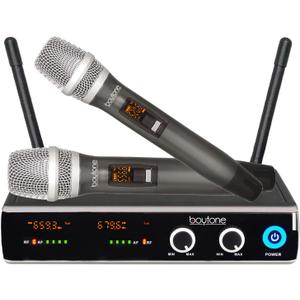 Boytone, Wireless UHF Microphone System  Dual Fixed Frequency Channel, 2 Metal Handheld Dynamic Transmitter Mics, for Party, Church, Aluminum Carrying Cases, 110/220V (BT-102UM)
