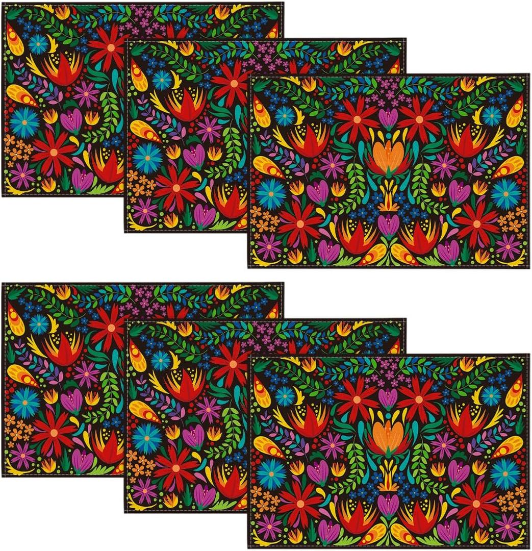 Artoid Mode Mexican Cinco De Mayo Placemats Set of 6, 12 x 18 Inch Dia De Los Muertos Decoration Washable Table Mats for Party Dining Table (Black)