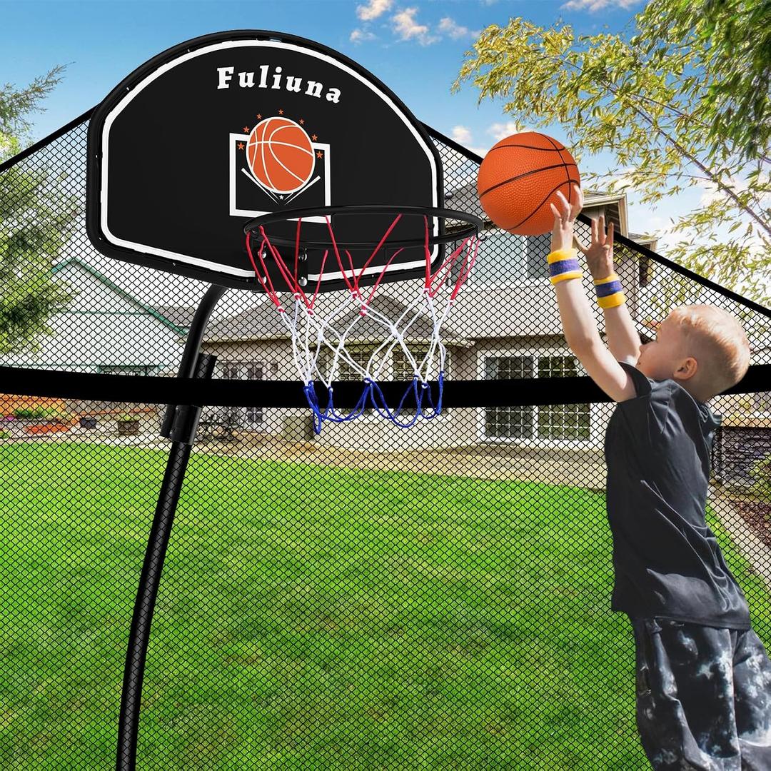 Trampoline Basketball Hoop, Easy to Install Basketball Hoop for Trampoline with Mini Ball and Pump, Basketballs Hoop with Protective Net Fit for 25mm Straight Pole and Curved Pole Trampolines