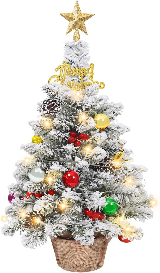 Unves 24 Inch Tabletop Mini Christmas Tree Set,Small Snow Flocked Prelit with Warm LED Lights,Star Treetopper,Plastic Pine Cones,Berrys and Hanging Ornaments for DIY Decorations