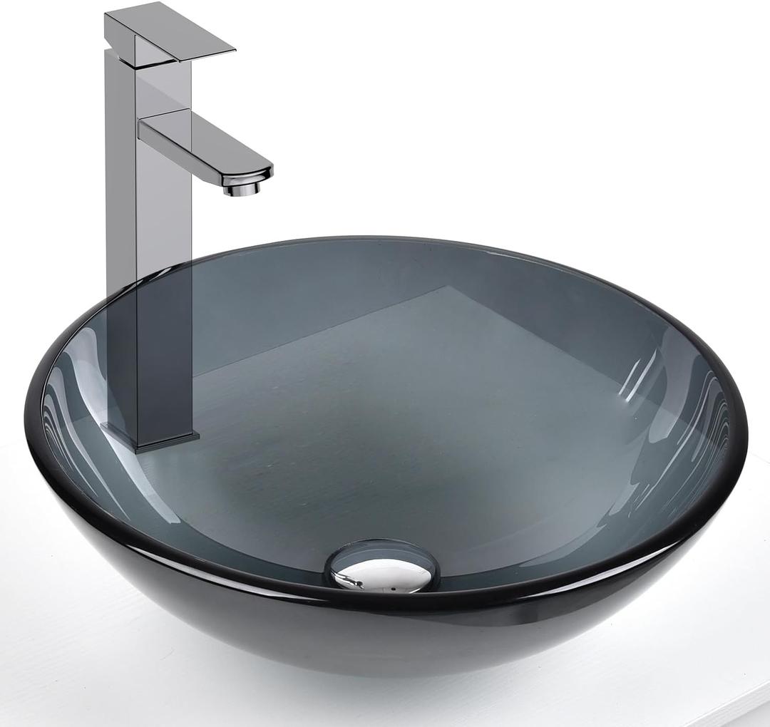 Bathroom Vessel Sink, Tempered Glass Vanity Round Bowl with Chrome Faucet and Pop up drain Set, Bluish Grey, 16.5 x 5.5 inches