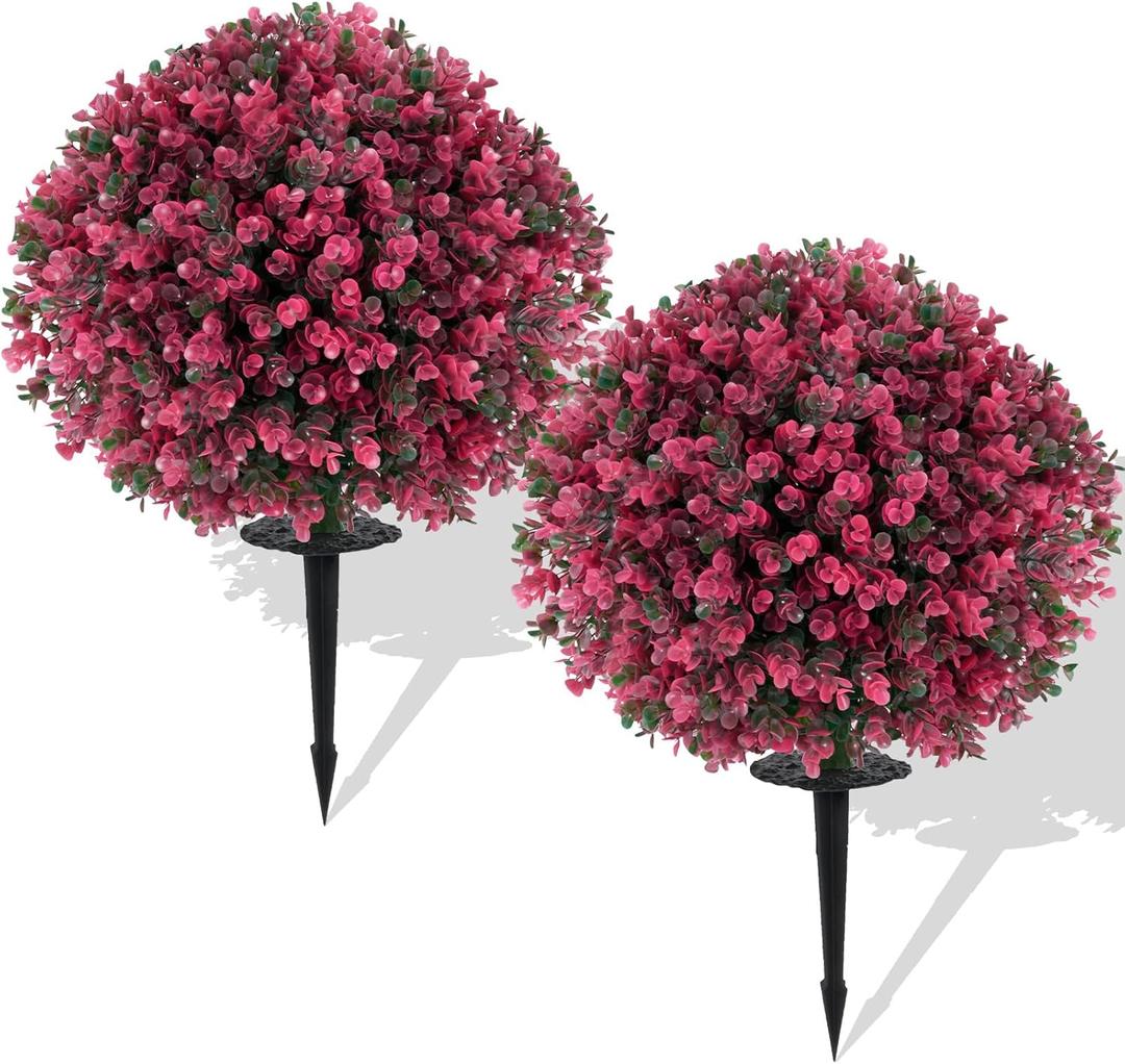 Artificial Boxwood Topiary Balls  Set of 2 UV-Resistant 23" Rose-Colored Faux Shrubs with Ground Spikes, Faux Evergreen Decorative Plants for Outdoor Indoor Porch Patio Garden
