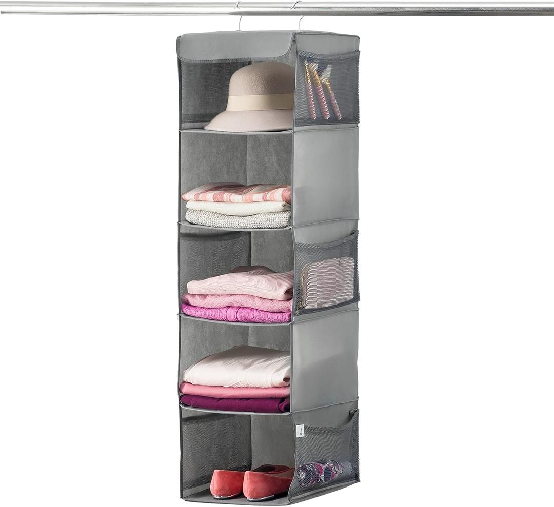 ZOBER Hanging Closet Organizer, 5-Shelf - Hanging Storage Organizer Shelves for Clothes, Towels, Toys - College Dorm Room, Nursery, & Home Closet (Grey)