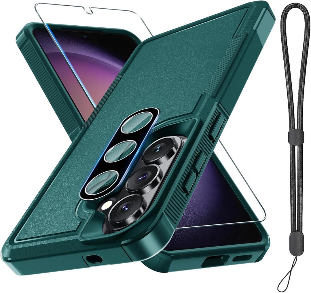 Samsung Galaxy S26 Case with Screen Protector+Camera Lens Cover,Military Grade Heavy Duty Shockproof Phone Cover with Wrist Lanyard Strap for Samsung S26,Dark Green