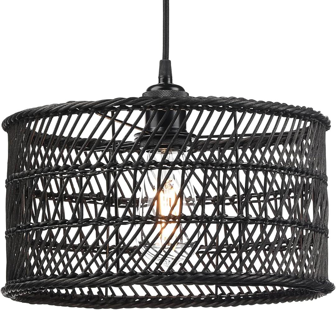 HOONEX Rattan Chandelier, Rattan Light Fixtures Ceiling, 14" Wicker Pendant Light for Dining Room Bedroom Kitchen Island, Black